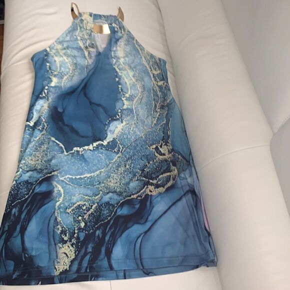 NWT Exclusive Ocean Waves Print Necklace Gold Metal Detail Mini Dress Size S - Picture 1 of 6